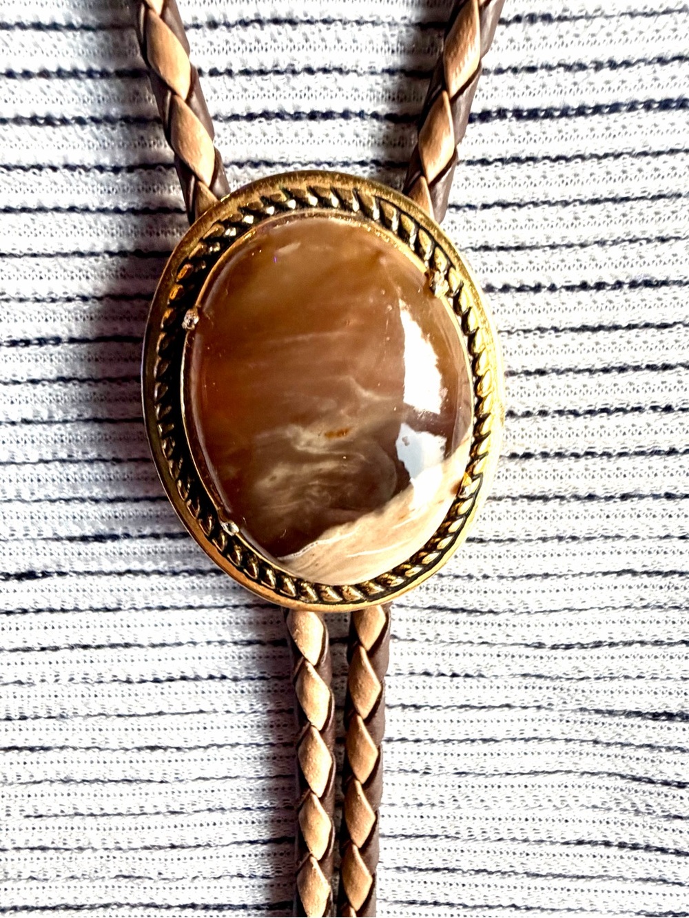 Vintage Brown Stone Bolo Tie- Western Braided Leather Gold Tone- Southwest